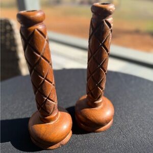 Hand-Carved Wooden Vintage Candlestick Pair in Warm Brown